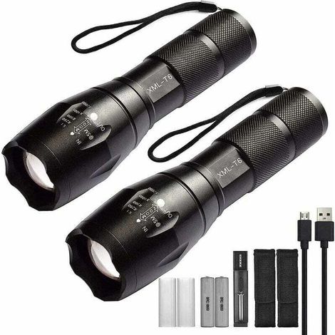 2er-Pack Hochleistungs-LED-Taschenlampen mit 2 x 18650 wiederaufladbaren Batterien, taktische Taschenlampe mit USB-Ladegerät