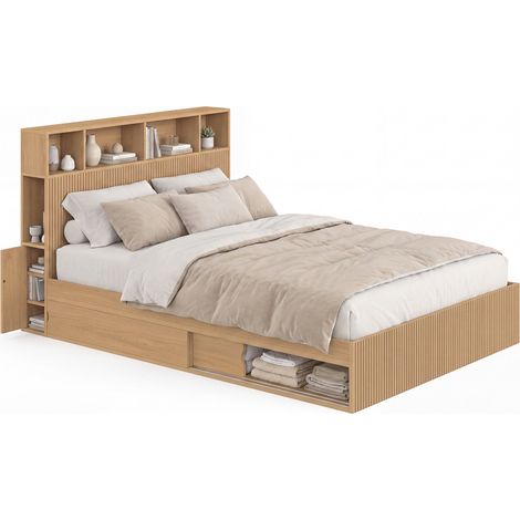 Doppelbett "JULIETTE" mit Stauraum + Kopfteil und Lattenrost, 140 x 190 cm, in Holzlatten-Optik (1/5)