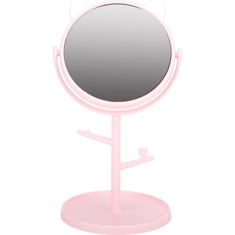 Miroir de maquillage rotatif mignon avec plateau et oreilles de chat rose pour bureau (1/5)