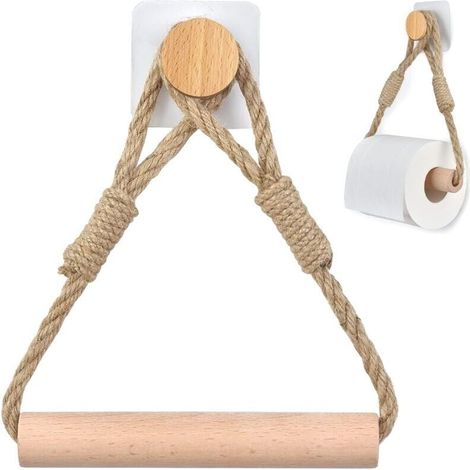 Rouleau de Papier Toilette sans perçage, Porte-Papier Toilette Corde en Bois Anneau De Serviette Rustic (1/4)
