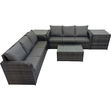 Fimous Outdoor 3 Seater Sofa Coffee Table Set Garden Rattan Furniture Set 6 Seater with 2 Side Tables Dark Grey (1/5)