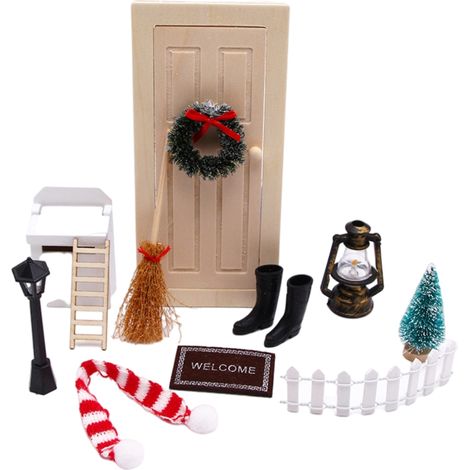 Kit de 12 accessoires de porte de lutin Noël : botte, lanterne, guirlande décorative, échelle, balai, maison de poupée (1/5)