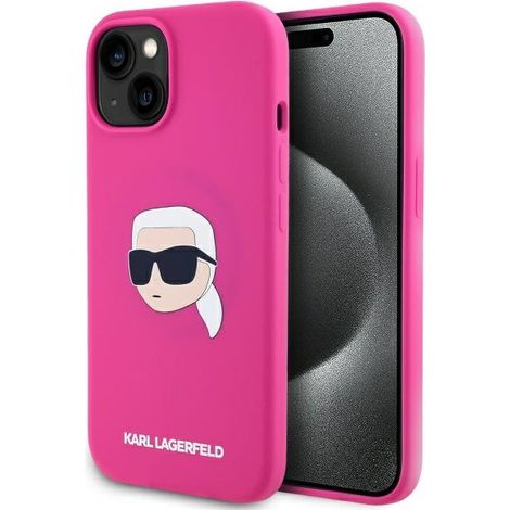 Funda rígida de silicona Karl Lagerfeld KLHMP15SSKHPPLF para iPhone 15 de 6,1 pulgadas, color fucsia, con estampado de la cabeza de Karl y MagSafe. (1/5)