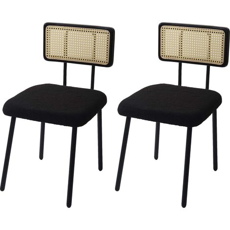 Lote de 2 sillas de comedor HHG-707, sillón silla, madera poly-rattan metal bouclé, tela/textil negro