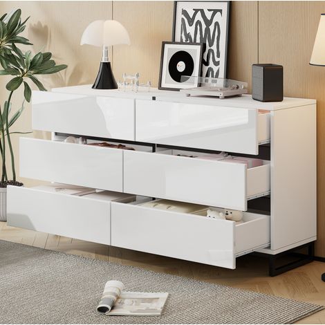 Credenza da soggiorno 140x39.5x78.5 cm, con 6 cassetti, finitura lucida, pannello truciolare, bianco e nero (1/5)