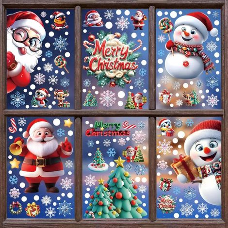 Lot de 6 feuilles d'autocollants de Noël pour fenêtre, grands autocollants 3D pour fenêtre, 175 pièces double face Père Noël, bonhomme de neige, sapin de Noël, flocons de neige, scène Joyeux Noël