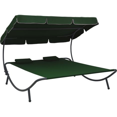 Lit de repos d'extérieur,Transat, bain de soleil avec auvent et oreillers Vert XZZZ638374 (1/5)