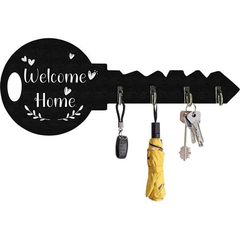 Porte-clés mural - Crochet porte-clés - Porte-manteau à 4 crochets - Organisateur de clés - Noir - MDF - 29,5 x 12 cm - Porte-clés mural avec crochets - Porte-manteau chat - Décoration intérieure (1/5)