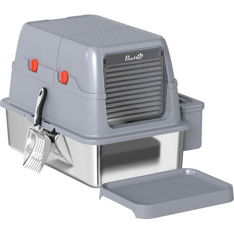 PawHut 3 in 1 Lettiera Gatto Chiusa Grande 49L con Coperchio, Acciaio Inox (1/5)