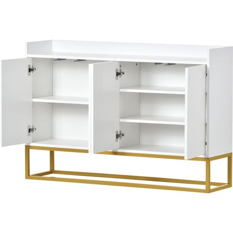 Buffet moderne blanc sans poignée avec 4 portes, cadre métallique, 120x30x80 cm (1/5)