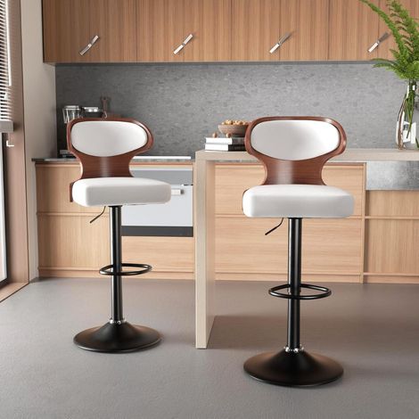Barhocker 360 Drehstuhl Tresen Rückenlehne 2er Set Weiß Nussbaumholz (1/5)