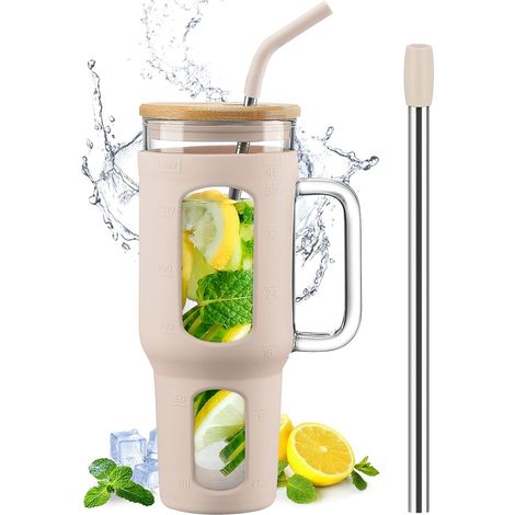 Gobelet 1,4 L avec Poignée, Couvercle Bambou & Pailles ambre