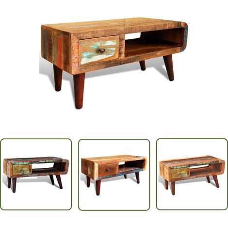 The Living Store Table basse avec bord incurvé et 1 tiroir Bois de récupération - Table Basse - Table D'appoint - Meubles Anciens - Bois Recyclé - Design Vintage (1/5)