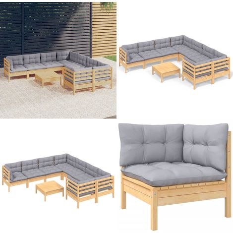 9-tlg. Garten-Lounge-Set mit Grauen Kissen Kiefernholz - Garten-Lounge-Set - Garten-Lounge-Sets - Home & Living (1/5)