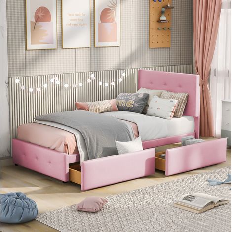 Letto bambini 90x200 cm con 2 cassetti, rosa, struttura in legno, senza materasso FloraGrace (1/5)