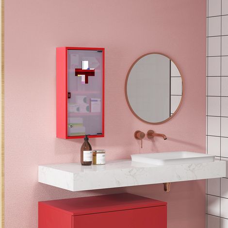 Armoire à pharmacie en acier rouge avec verre satiné, verrouillable, ouverture Tip-On, 30 x 12 x 60 cm (1/5)