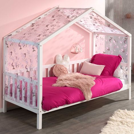 Lit cabane Dallas 2 90x200 avec voile à motif de papillons - (1/5)