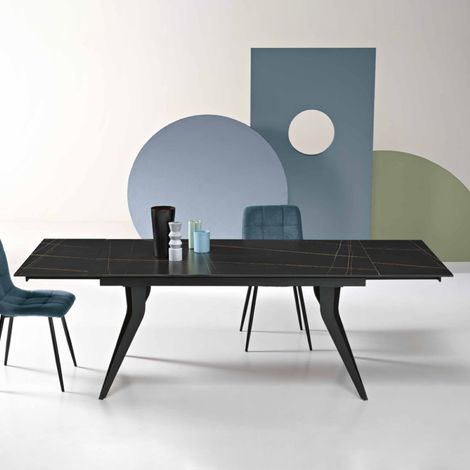 Tavolo allungabile 240 cm THOR con base metallo e piano effetto Marmo Nero (1/5)