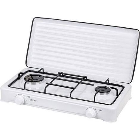 MPM SML-KN-02/1K Cocina Gas Portátil Camping, 2 Quemadores, Rejilla Esmaltada, Tapa Protectora, Normativa G30-37 mbar Blanco (1/2)