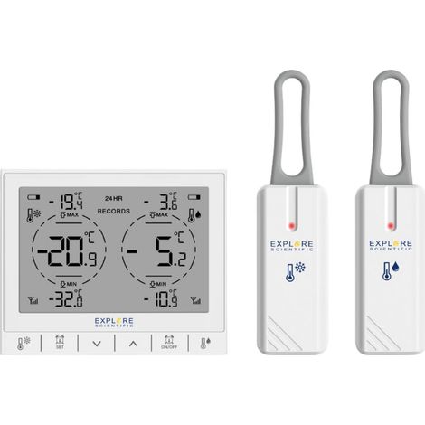 Explore Scientific Termómetro Digital SF2001 para Frigorífico y Congelador con 2 Sensores, Alarma de Temperaturas, Memoria 24h, Pantalla LCD, Blanco (1/5)