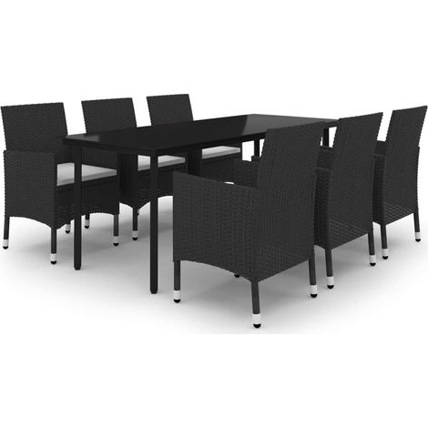 Set da pranzo con cuscini per mobili da giardino 7 pezzi in vimini resina vetro nero 020014449