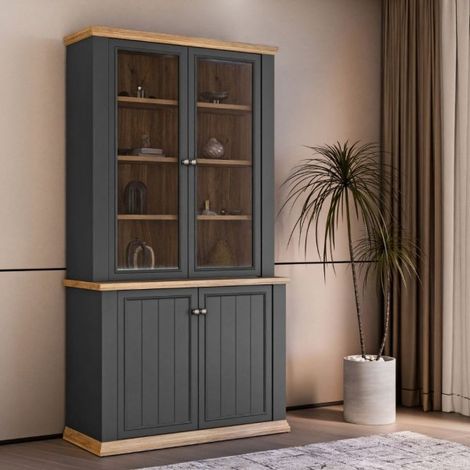 Vetrina Essenza 4 Ante Grigio scuro e Rovere – Stile Classico Moderno
