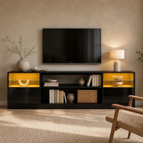 Mueble TV 180x35x60 cm negro con LED, 4 puertas y 8 compartimentos (1/5)