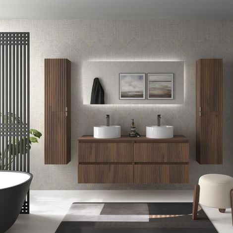 Mueble de Baño KIRA 140cm Nogal 4 cajones Lavabo sobre encimera 2 pozas Porcelana (1/5)