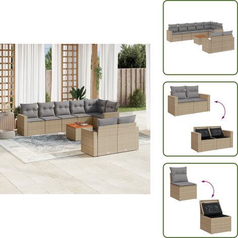 vidaXL Juego de sofás jardín con cojines beige mezcla 9 pzas ratán PE (1/5)