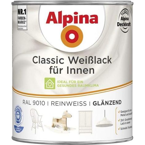 ALPINA Classic Weißlack für Innen, Reinweiß, glänzend, 750ml