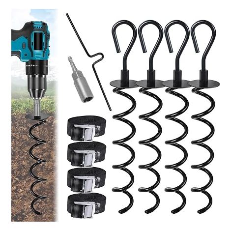 Set of 10 ground anchors, 4 trampoline ground anchors + 4 adjustable straps with buckles + drill adapter + rotation aid, steel fixing to secure (1/5)