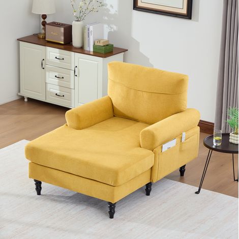 Fauteuil chaise longue 125.5x97x86 cm jaune moutarde en chenille avec poches latérales (1/5)