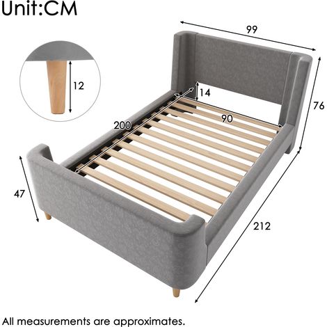 Lit simple rembourré enfant 90x200 cm, motif spatial avec patins, gris velours, pour garçons et filles, sans matelas