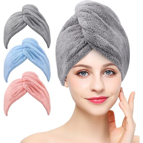Un ensemble de trois serviettes pour cheveux en microfibre : serviettes ultra-douces, absorbantes et à séchage rapide.