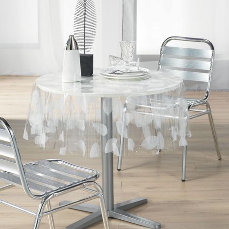 Paris Prix – Nappe ronde transparente 140cm – PVC 14/100ème – Motif feuille blanche – Protection de table facile d'entretien (1/2)