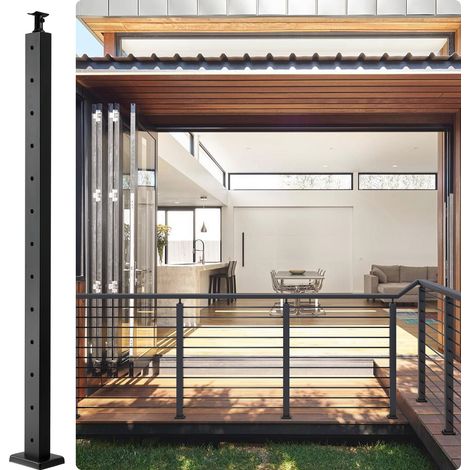 VEVOR Palo per Ringhiera per Ponte 106,7 x 2,5 x 5 cm Palo per Ringhiera per Cavi Acciaio Inox SUS304 con Foro Orizzontale, 13 Fori Preforati, Staffa Orizzontale e Curva, Nero, LGZH106.72.55CQ93V0
