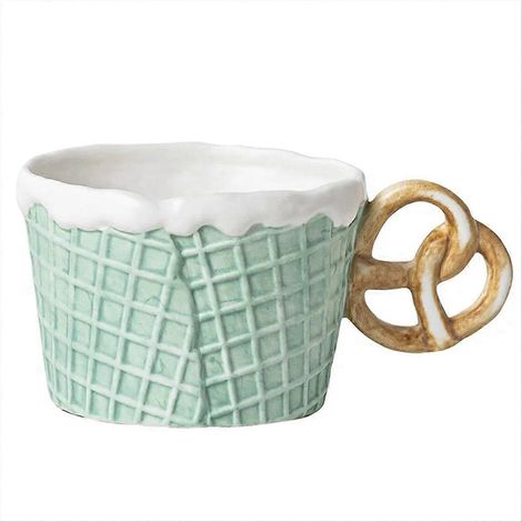 Keksförmiger Wasserbecher, niedlicher grüner Keramikbecher mit hohlem Henkel (1/5)
