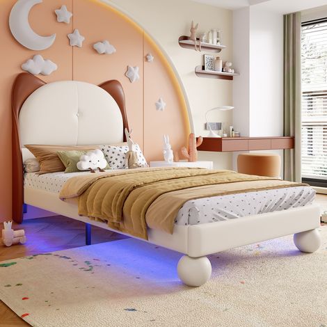Cama infantil 90x200cm cabecero orejas de gato tira LED integrada tapizado PU color beige (Sin colchón) (1/5)