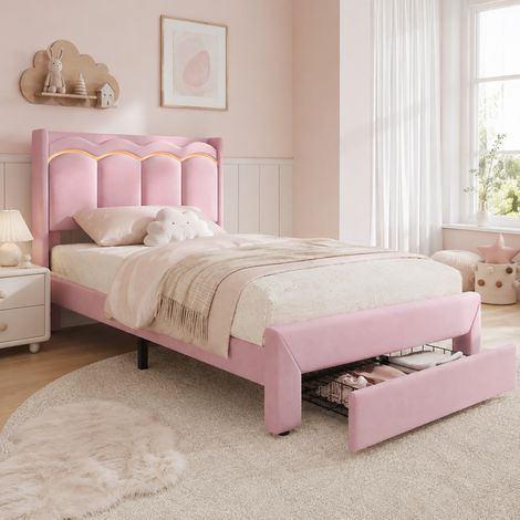 MODFU – Lit enfant 90x200 cm velours – LED par app, tiroir et étagère – Tête de lit ondulée et 220 kg – Chambre – Rose (1/5)