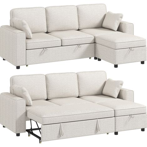 Canapé d'angle convertible - HOMCOM - 3 places - pouf de rangement modulaire - coussins inclus - chenille - 225x147x90cm - beige (1/3)