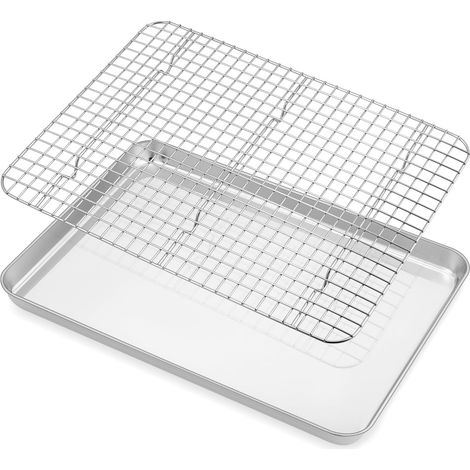 Plaque de cuisson rectangulaire en acier inoxydable avec grille de refroidissement - 40,5 x 30,5 x 2,5 cm - Passe au lave-vaisselle et durable (1/5)