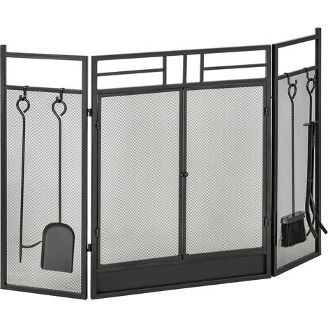 Pare-feu large pour cheminées ou poêles - Conduit de cheminée 2 en 1 avec protection anti-étincelles et accessoires - 3 persiennes rabattables et support en acier noir (1/5)