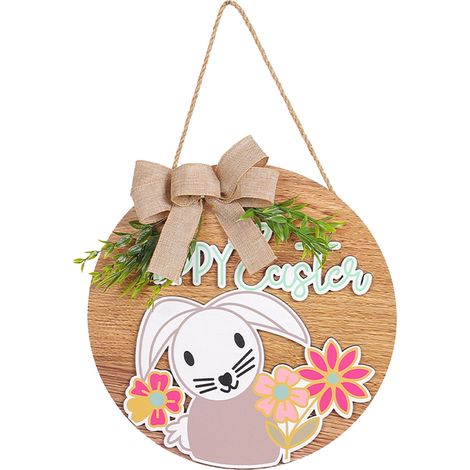 Panneau Accueil Pâques - Lapin En Bois Ronde - Décoration Porte Extérieure - Design Fleuri 3D - Avec Nœud en Toile de Jute - 30 cm - 1 Pièce (1/5)