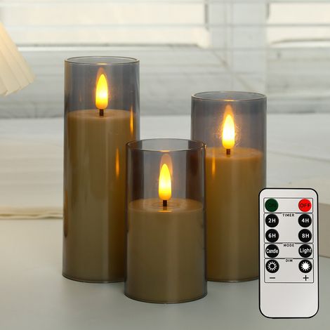Lot de 3 bougies LED sans flamme de 10 à 15 cm, piliers électriques en verre gris, fausse flamme vacillante, alimentées par piles et avec télécommande (1/5)