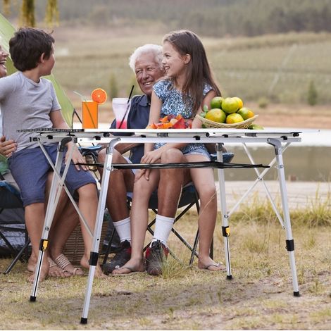 Campingtisch aus Aluminium silber, klappbar, höhenverstellbar, mit Tragetasche (1/5)
