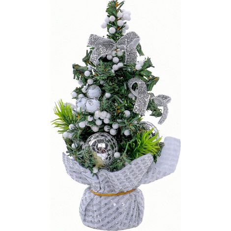 Sapin de Noël miniature de table décoré, rubans pailletés argent et boules miroir (1/3)