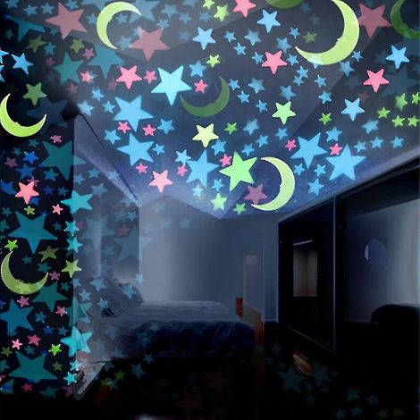 100 autocollants muraux fluorescents étoiles et lunes phosphorescentes pour chambre d'enfant (1/3)