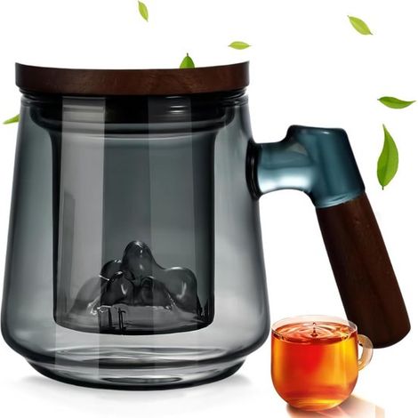 Taza de té con tapa y colador，vaso de té con colador，vaso de té de 500 ml para té a granel，taza de té con asa de madera (1/5)