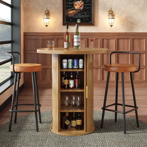 MEUBLIV Ensemble mange-debout rond avec rangement et 2 tabourets de bar décor bois (1/5)