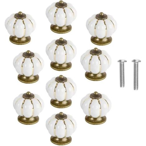 Lot de 10 boutons de porte en céramique vintage en forme de citrouille Blanc - Blanc - Blanc (1/5)
